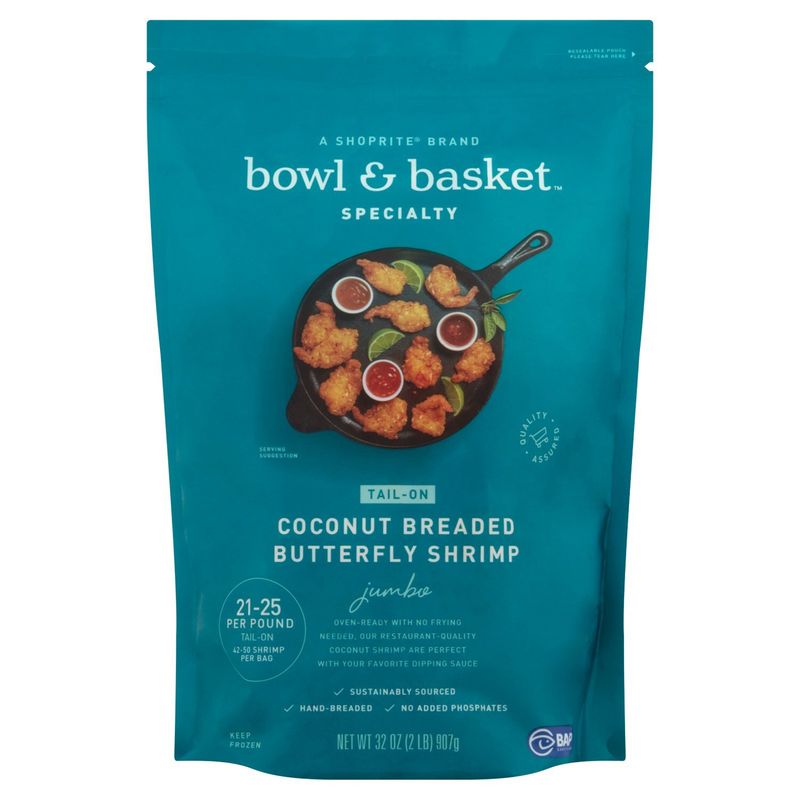 Bowl &amp; Basket Specialty Tail-On Jumbo Coconut Breaded Butterfly Shrimp, 42-50 shrimp per bag, 32 oz