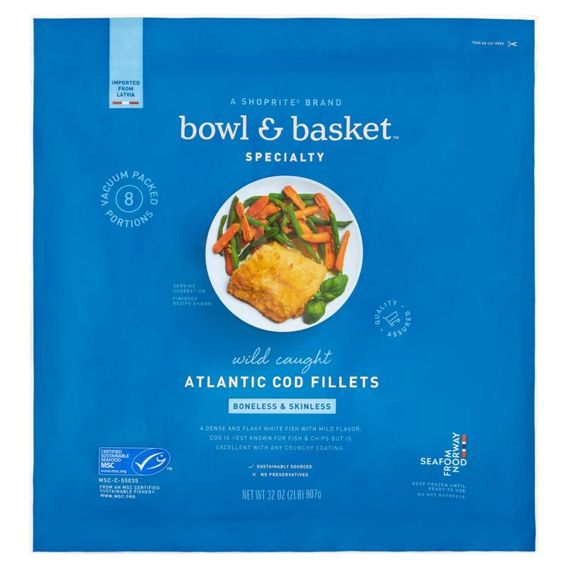 Bowl &amp; Basket Specialty Wild Caught Boneless &amp; Skinless Atlantic Cod Fillets, 8 count, 32 oz