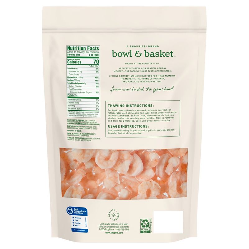 Bowl &amp; Basket Cooked Salad Shrimp, Cleaned and Tail-Off, 100-200 shrimp per pound, 32 oz