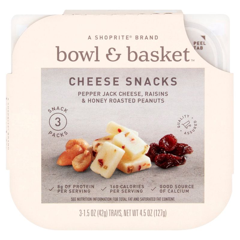 Bowl &amp; Basket Pepper Jack, Raisins &amp; Honey Roasted Peanuts Cheese Snacks, 1.5 oz, 3 count