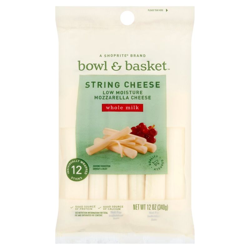 Bowl &amp; Basket Whole Milk Low Moisture Mozzarella String Cheese, 12 count, 12 oz