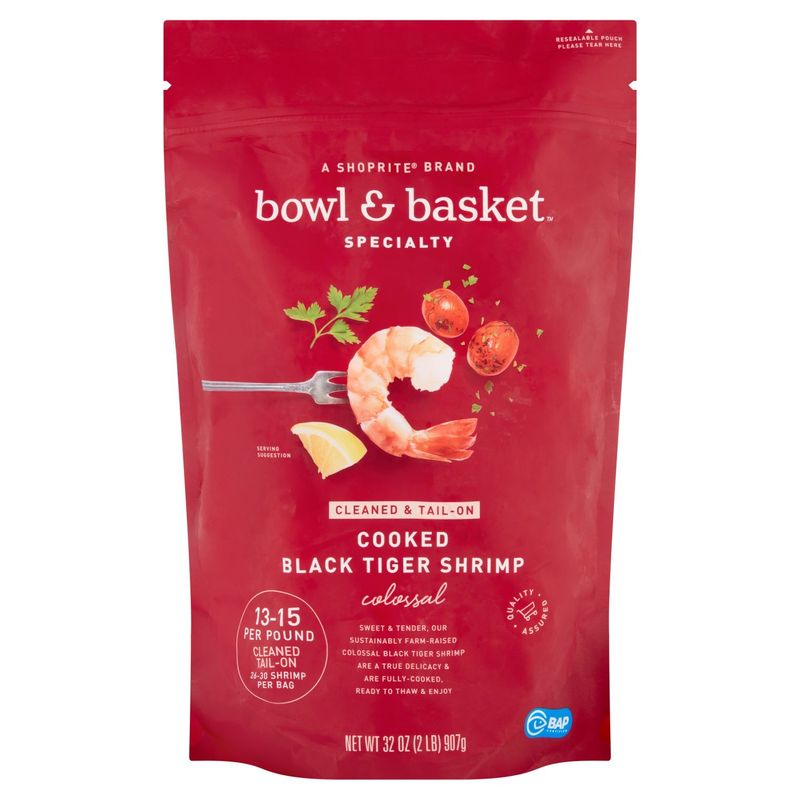 Bowl &amp; Basket Specialty Cooked Black Tiger Shrimp, Colossal, 26-30 shrimp per bag, 32 oz