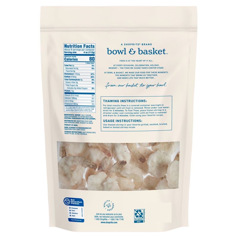 Bowl &amp; Basket Raw Shrimp, Cleaned and Tail-On, Large, 31-40 shrimp per pound, 32 oz