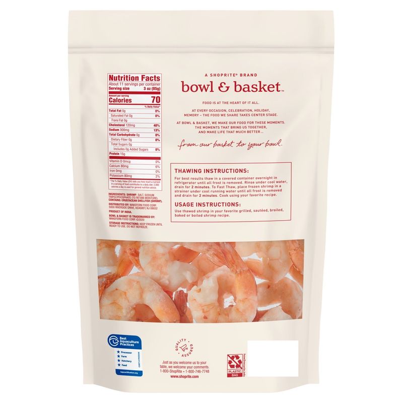 Bowl &amp; Basket Cooked Shrimp, Cleaned and Tail-On, Jumbo, 21-25 shrimp per pound, 32 oz