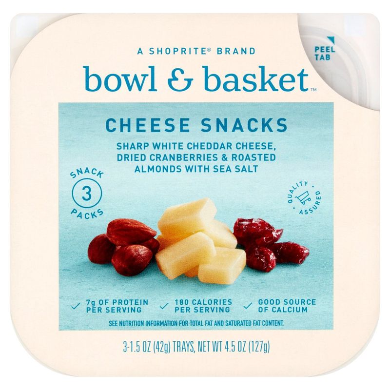 Bowl &amp; Basket Cheese Snacks:White Cheddar Cheese, Dried Cranberries, Roasted Almonds,1.5 oz, 3 count