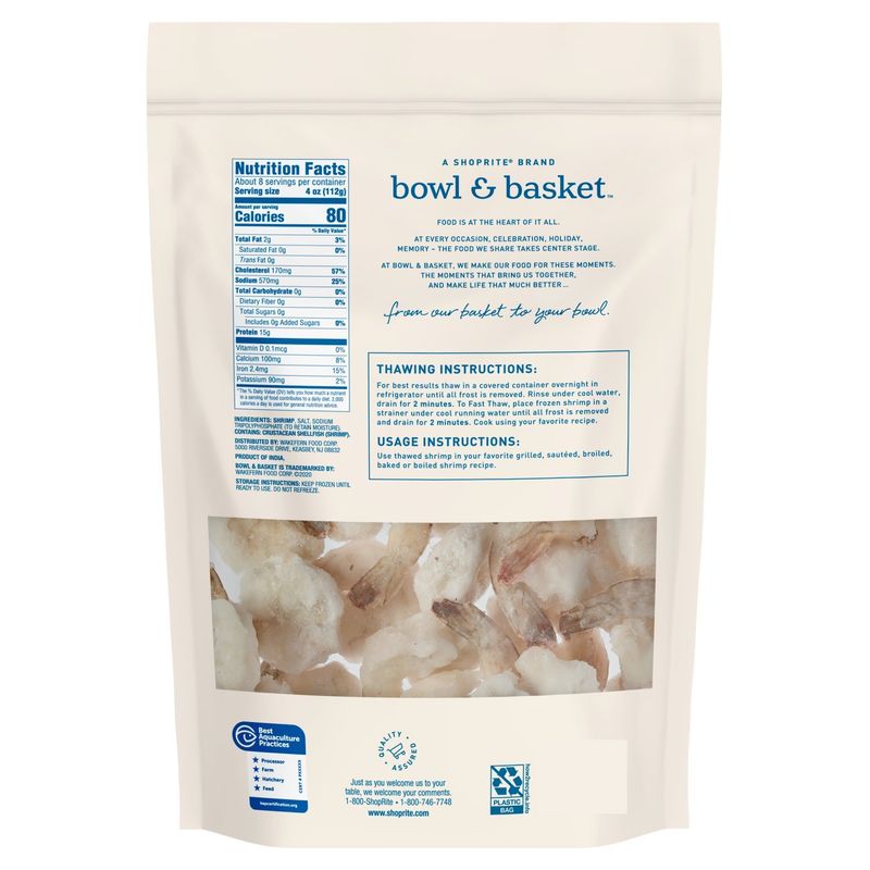 Bowl &amp; Basket Raw Shrimp, Cleaned and Tail-On, Jumbo, 21-25 shrimp per pound, 32 oz