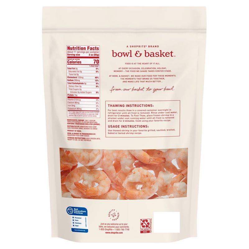 Bowl &amp; Basket Cooked Shrimp, Cleaned and Tail-On, Medium, 51-60 shrimp per pound, 32 oz