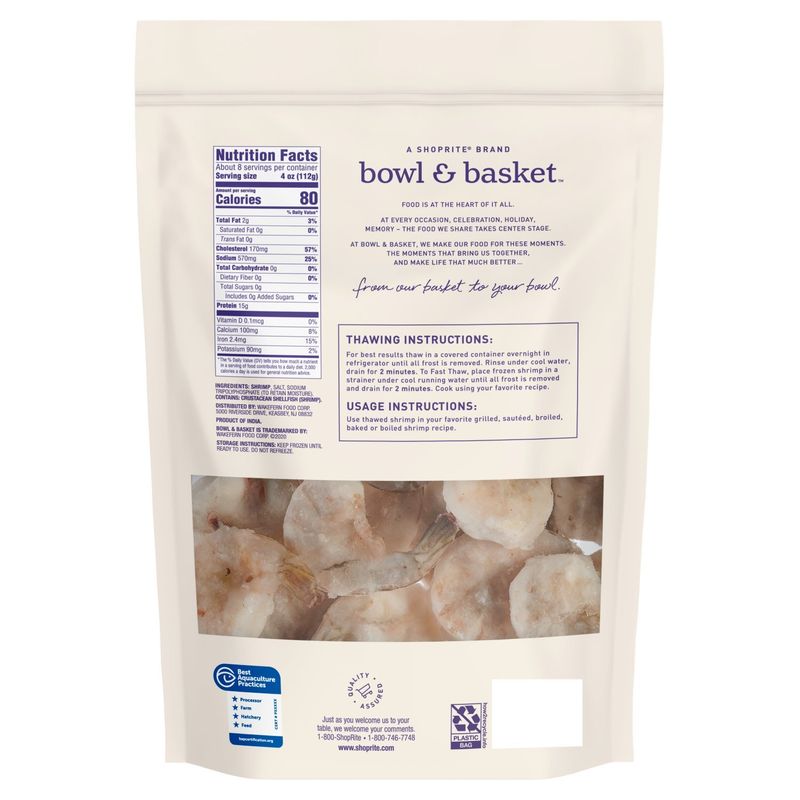 Bowl &amp; Basket Raw Shrimp, Ez-Peel, Extra Jumbo, 16-20 shrimp per pound, 32 oz