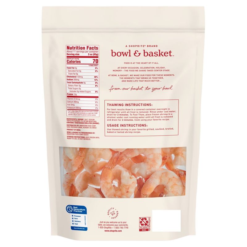 Bowl &amp; Basket Cooked Shrimp, Cleaned and Tail-On, Large, 31-40 shrimp per pound, 32 oz