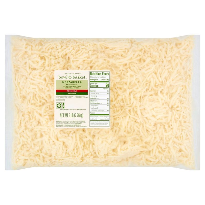 Bowl &amp; Basket Whole Milk Shredded Mozzarella Cheese, 5 lb