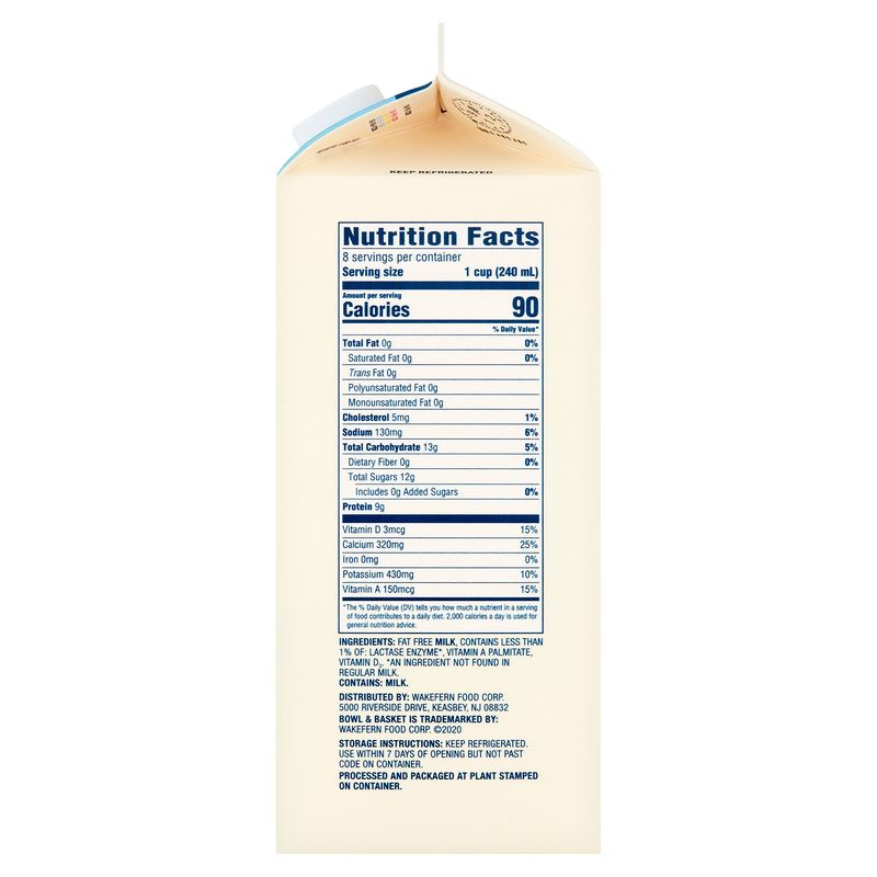 Bowl &amp; Basket Fat Free Lactose Free Milk, half gallon