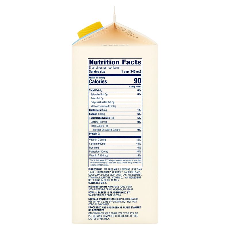 Bowl &amp; Basket Lactose Free Calcium Enriched Fat Free Milk, half gallon