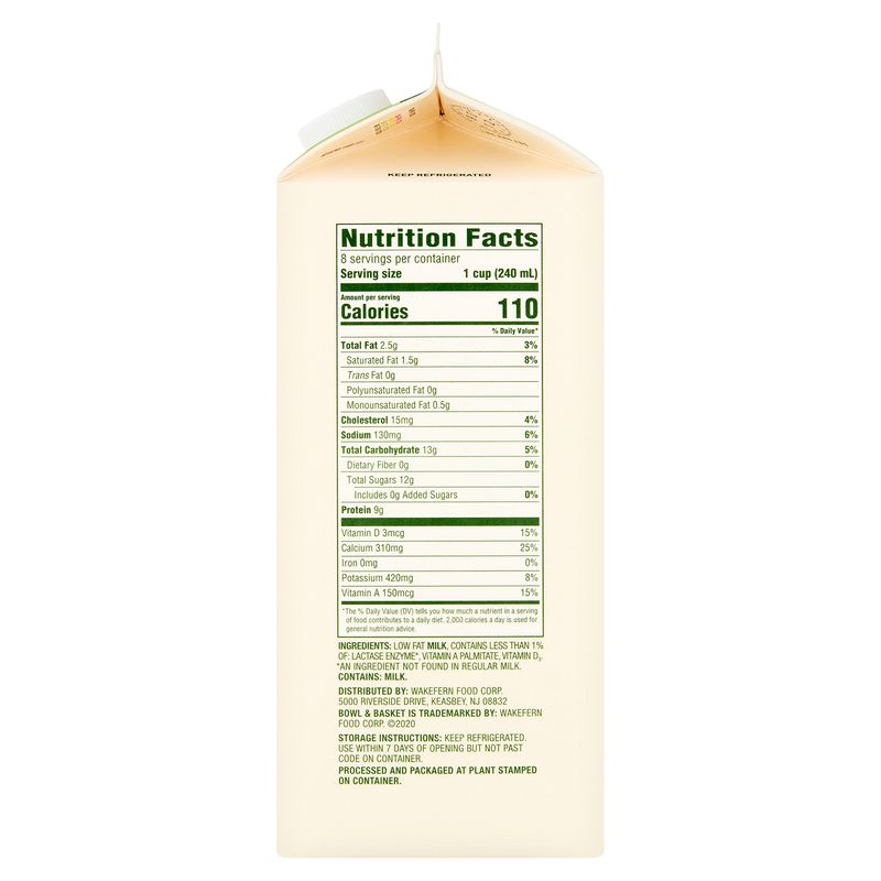 Bowl &amp; Basket Lactose Free 1% Low Fat Milk, half gallon