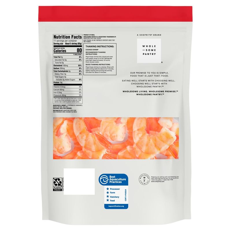 Wholesome Pantry Cooked Shrimp, Cleaned, Jumbo, 21-25 shrimp per pound, 32 oz