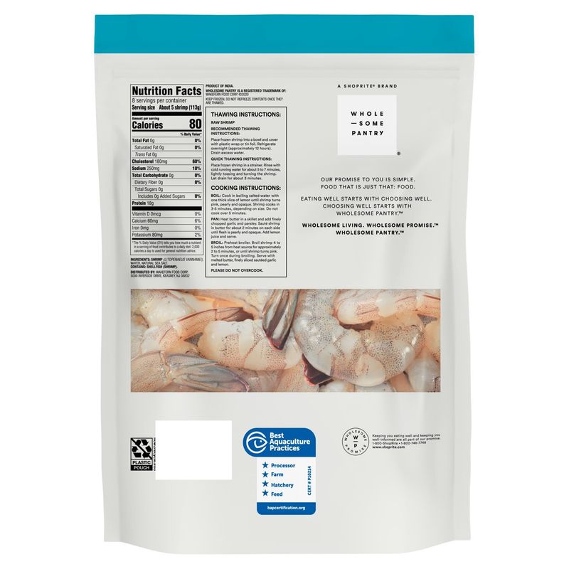Wholesome Pantry Raw Shrimp, Cleaned, Extra Jumbo, 16-20 shrimp per pound, 32 oz