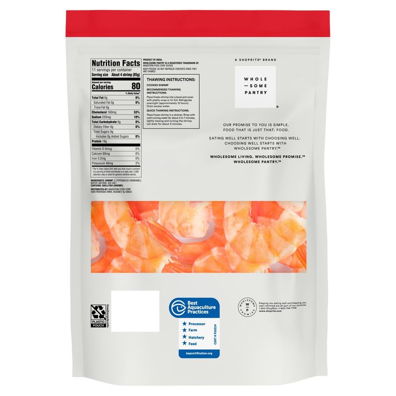 Wholesome Pantry Cooked Shrimp, Cleaned, Extra Jumbo, 16-20 shrimp per pound, 32 oz