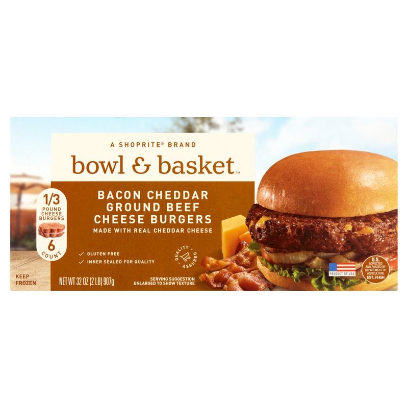Bowl &amp; Basket Bacon Cheddar Ground Beef Cheese Burgers, 1/3 pound, 6 count