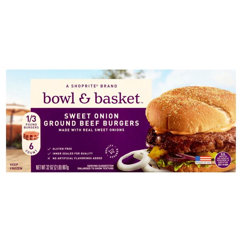 Bowl &amp; Basket Sweet Onion Ground Beef Burgers, 6 count, 32 oz