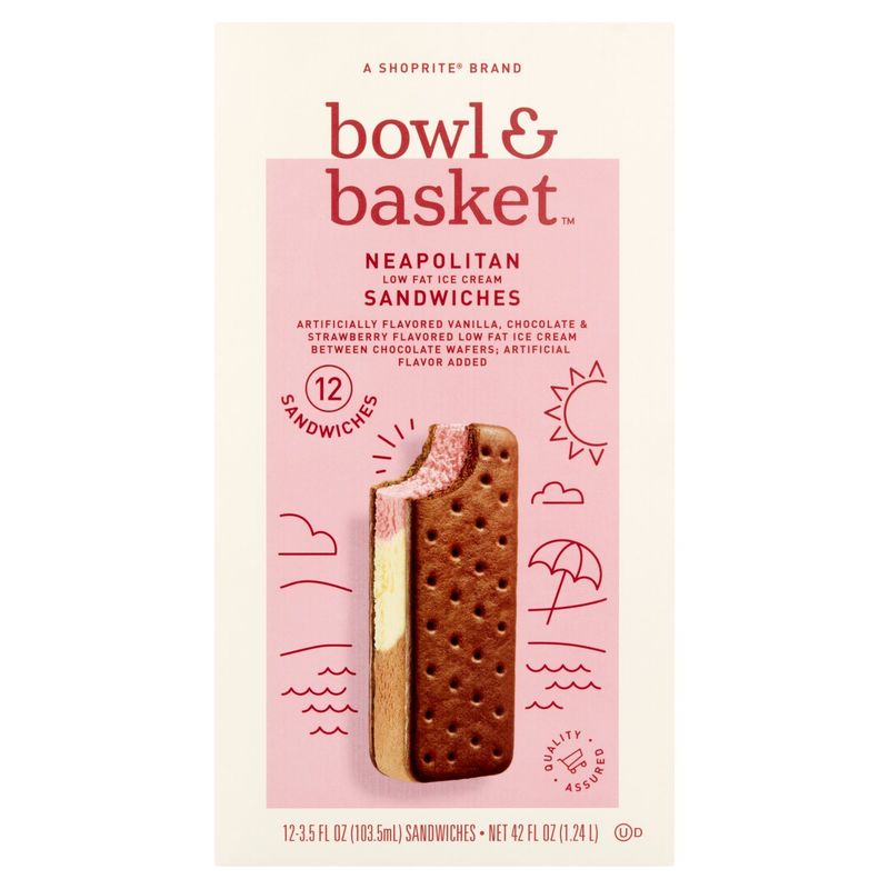 Bowl &amp; Basket Neapolitan Low Fat Ice Cream Sandwiches, 3.5 fl oz, 12 count