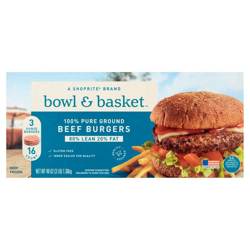 Bowl &amp; Basket 100% Pure Ground Beef Burgers, 3 oz, 16 count