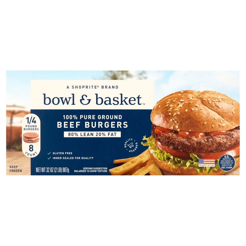 Bowl &amp; Basket 80% Lean 20% Fat Beef Burgers, 8 count, 32 oz