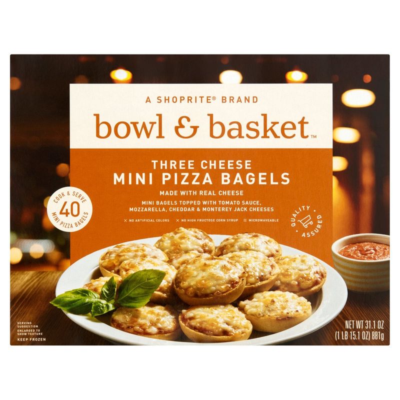 Bowl &amp; Basket Three Cheese Mini Pizza Bagels, 40 count, 31.1 oz