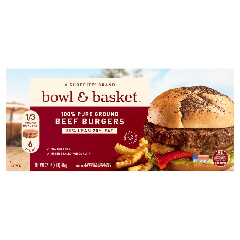 Bowl &amp; Basket 80% Lean 20% Fat Beef Burgers, 1/3 lb, 6 count