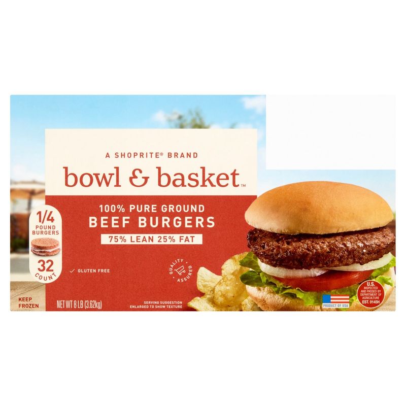 Bowl &amp; Basket 75% Lean 25% Fat Beef Burgers, 1/4 pound, 32 count