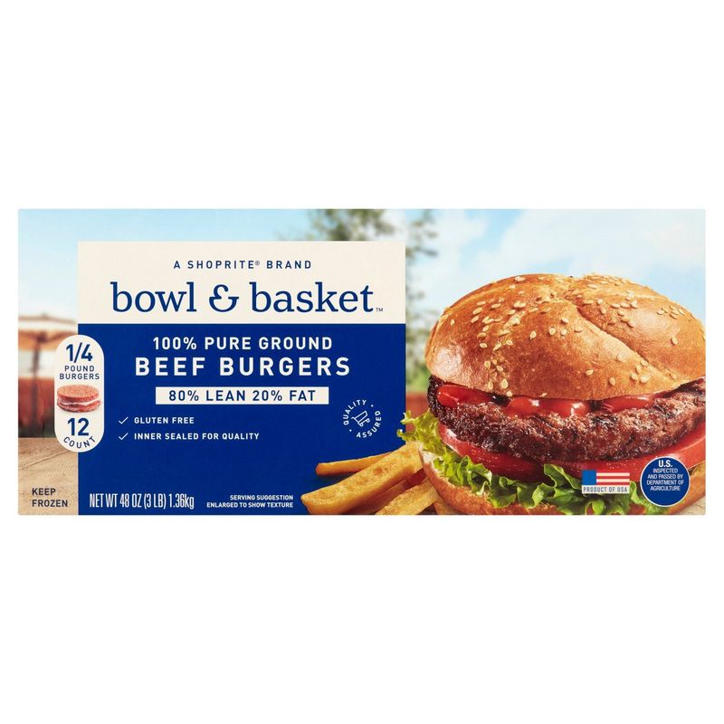 Bowl &amp; Basket 80% Lean 20% Fat Beef Burgers, 1/4 lb, 12 count