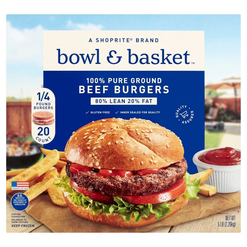 Bowl &amp; Basket 80% Lean 20% Fat Beef Burgers, 1/4 lb, 20 count