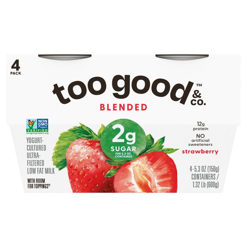 Too Good &amp; Co. Strawberry Blended Yogurt-Cultured Ultra-Filtered Low Fat Milk, 5.3 oz, 4 count