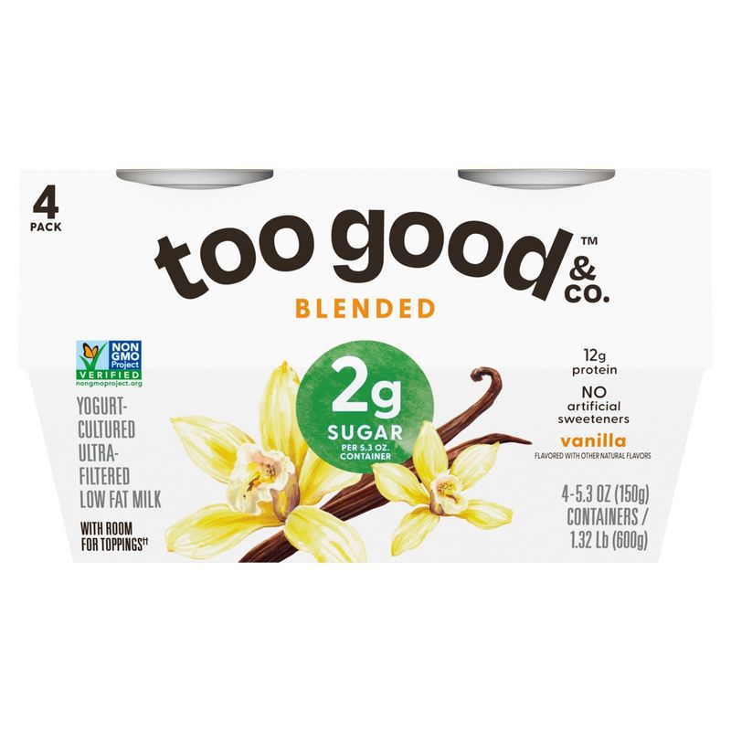 Too Good &amp; Co. Vanilla Blended Yogurt-Cultured Ultra-Filtered Low Fat Milk, 5.3 oz, 4 count