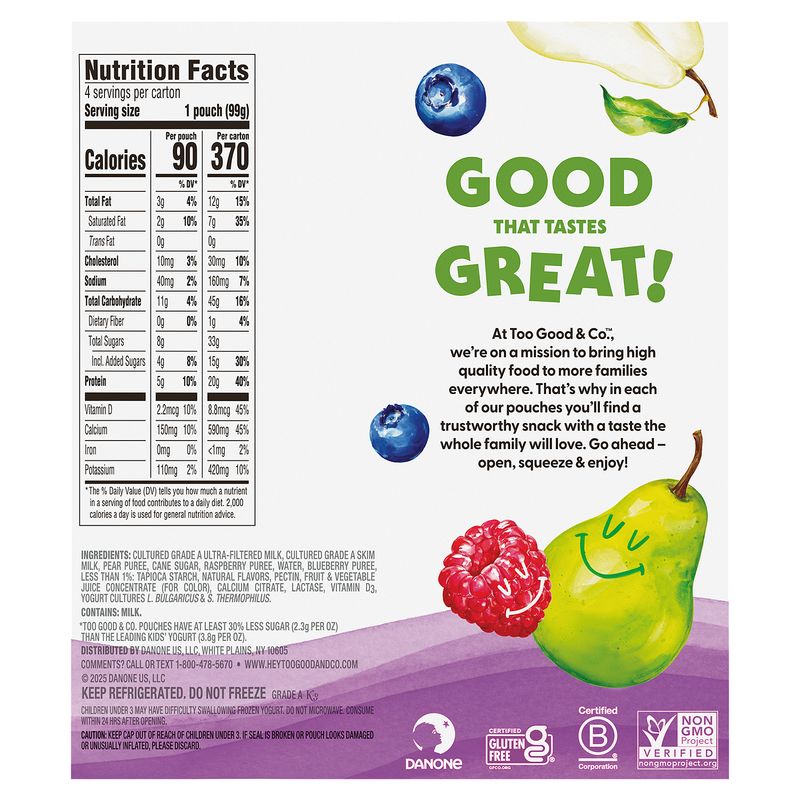 Too Good &amp; Co. Pear Berry Yogurt-Cultured Ultra-Filtered Milk, 3.5 oz, 4 count