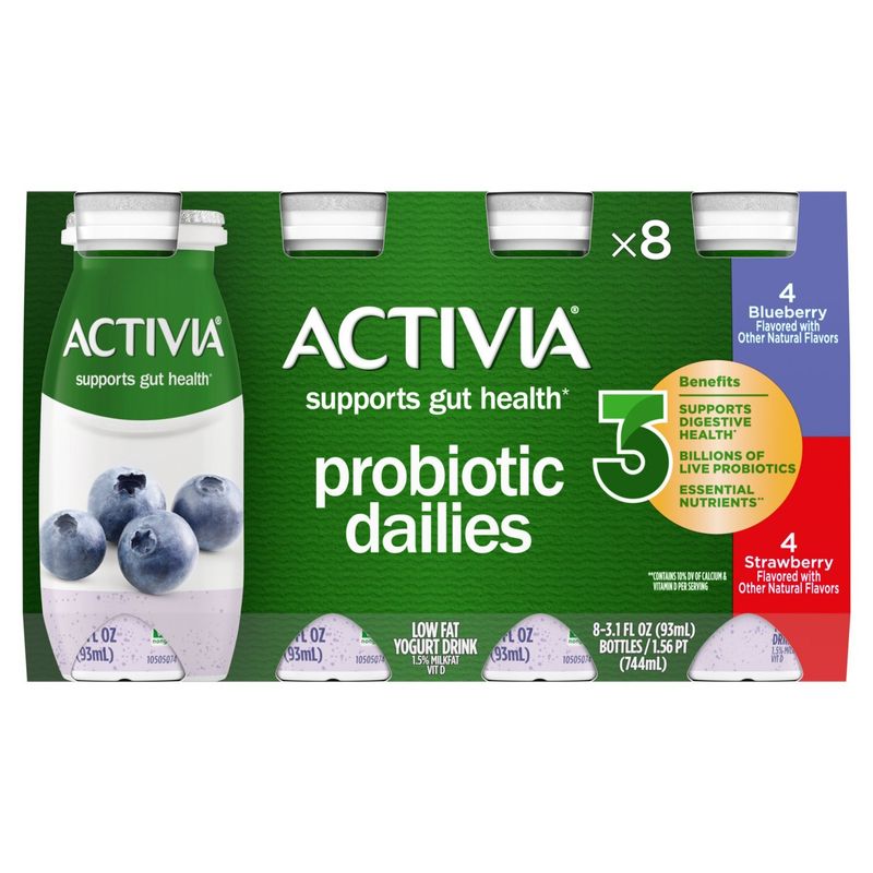 Activia Probiotic Dailies Strawberry and Blueberry Low Fat Yogurt Drink, 3.1 fl oz, 8 count