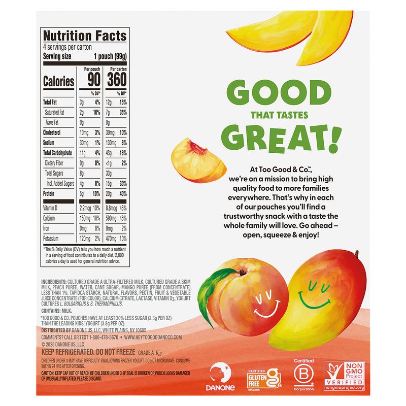 Too Good &amp; Co. Peach Mango Yogurt-Cultured Ultra-Filtered Milk, 3.5 oz, 4 count