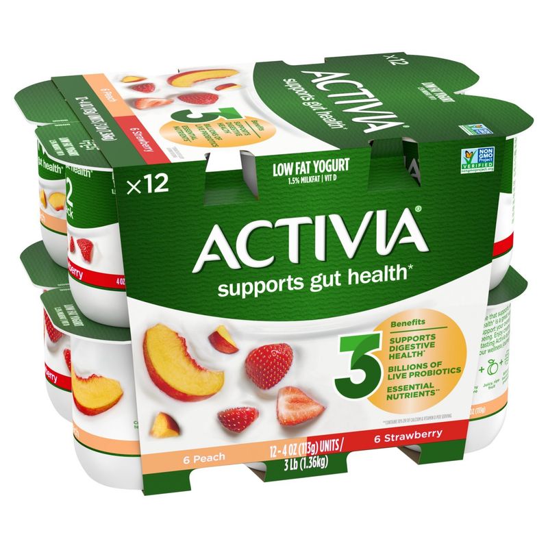 Activia Peach Strawberry Low Fat Yogurt, 4 oz, 12 count