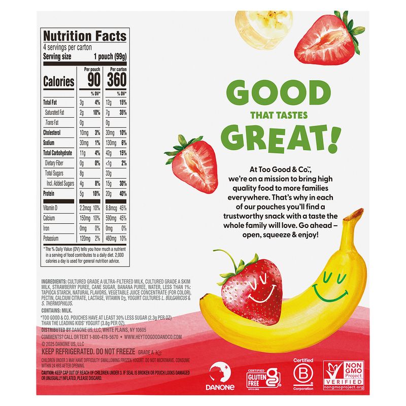 Too Good &amp; Co. Strawberry Banana Yogurt-Cultured Ultra-Filtered Milk, 3.5 oz, 4 count