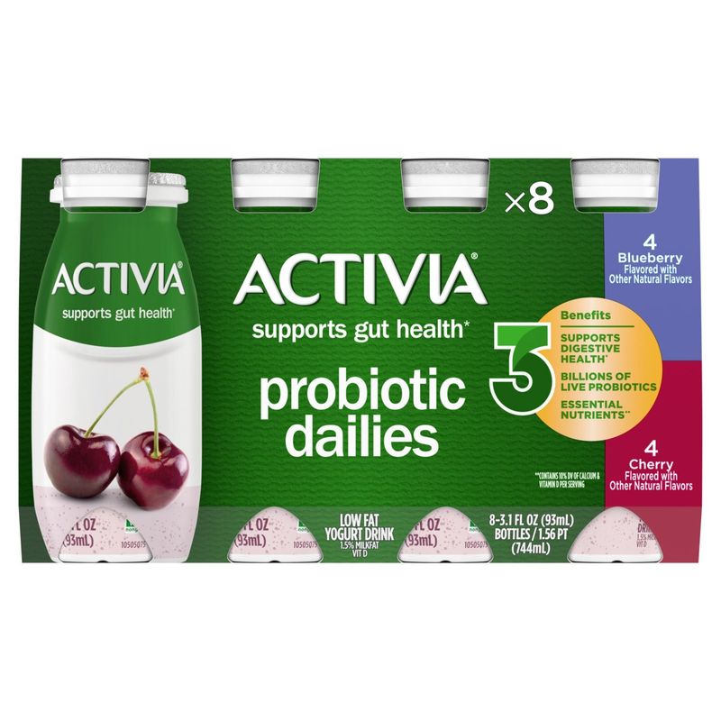 Activia Probiotic Dailies Blueberry &amp; Cherry Low Fat Yogurt Drink, 3.1 fl oz, 8 count