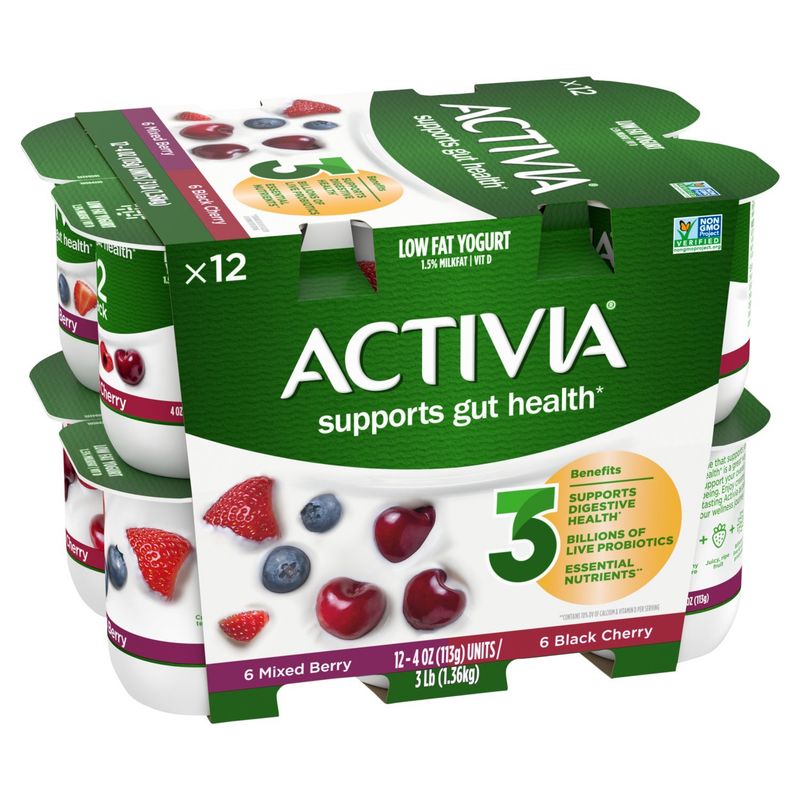 Activia Black Cherry Mixed Berry Low Fat Yogurt, 4 oz, 12 count