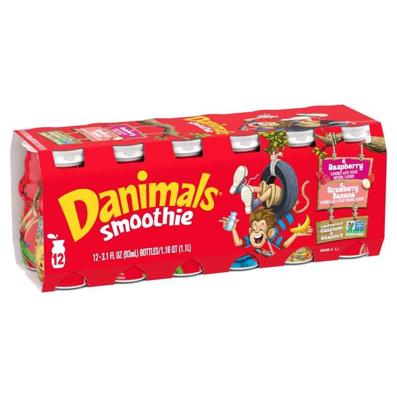 Danimals Raspberry and Strawberry Banana Flavored Smoothie, 3.1 fl oz, 12 count