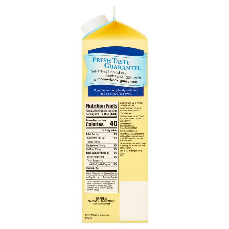 Land O Lakes Lactose-Free Half and Half Milk &amp; Cream, one quart