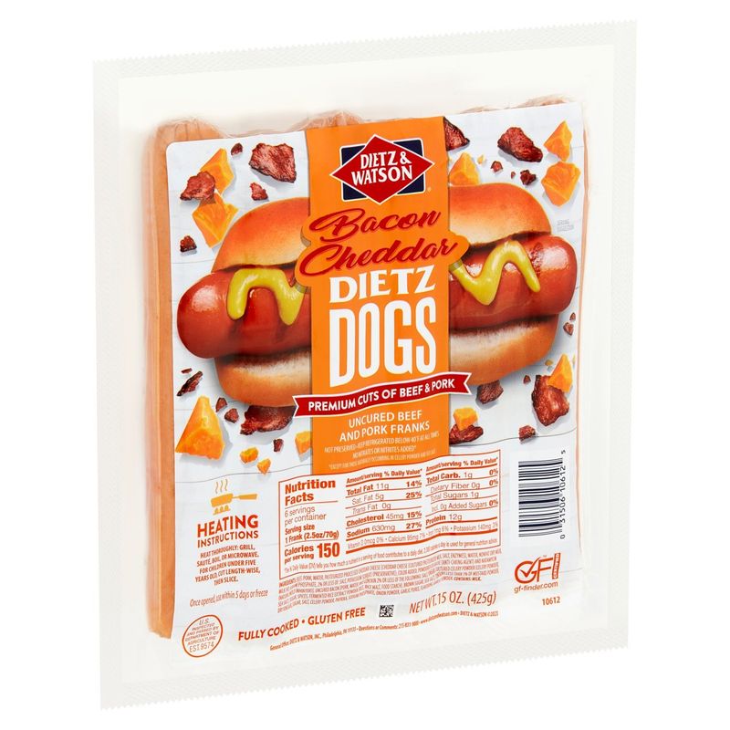 Dietz &amp; Watson Dietz Dogs Bacon Cheddar Uncured Beef and Pork Franks, 6 count, 15 oz