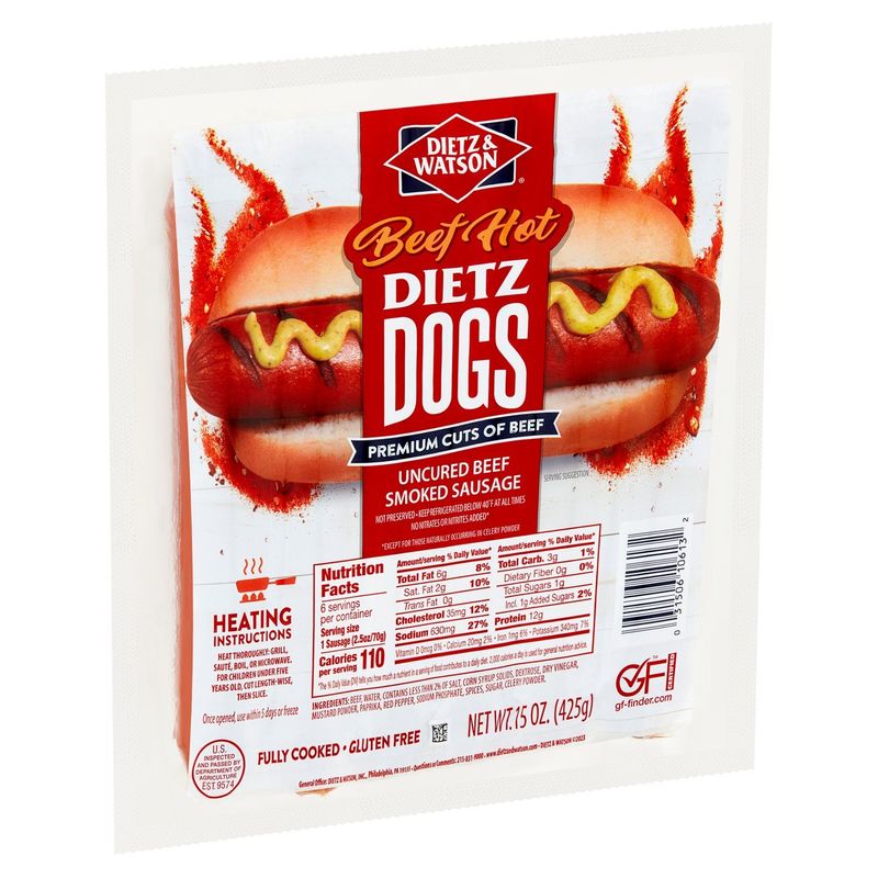 Dietz &amp; Watson Dietz Dogs Hot Uncured Beef Smoked Sausage, 15 oz