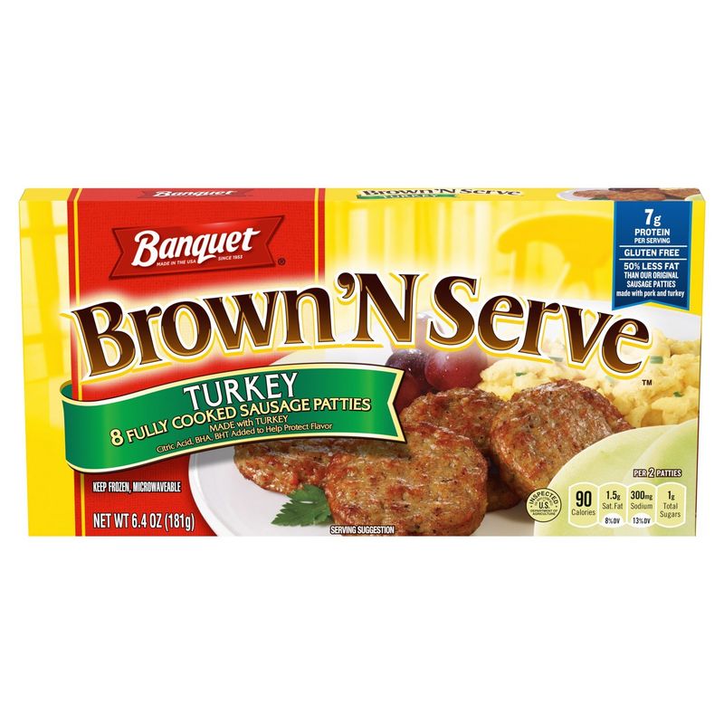 Banquet Brown 'N Serve Turkey Fully Cooked Sausage Patties, 8 count, 6.4 oz