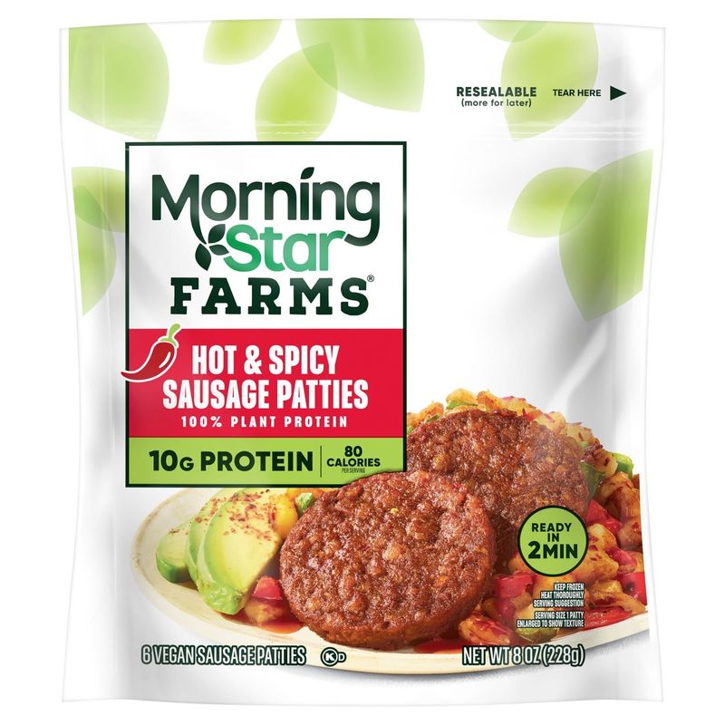 MorningStar Farms Hot &amp; Spicy Vegan Sausage Patties, 6 count, 8 oz