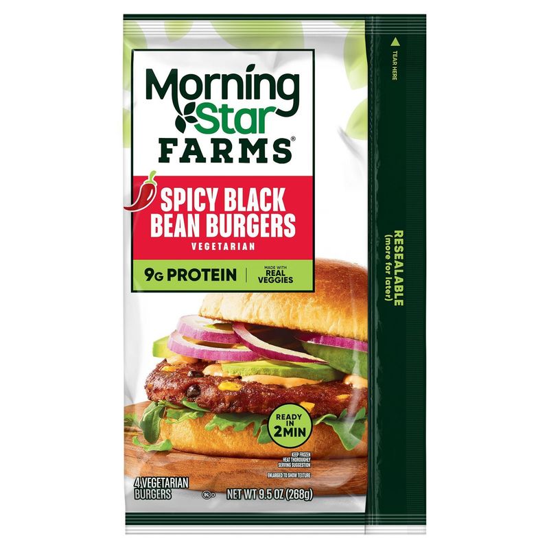 MorningStar Farms Spicy Black Bean Vegetarian Burgers, 4 count, 9.5 oz
