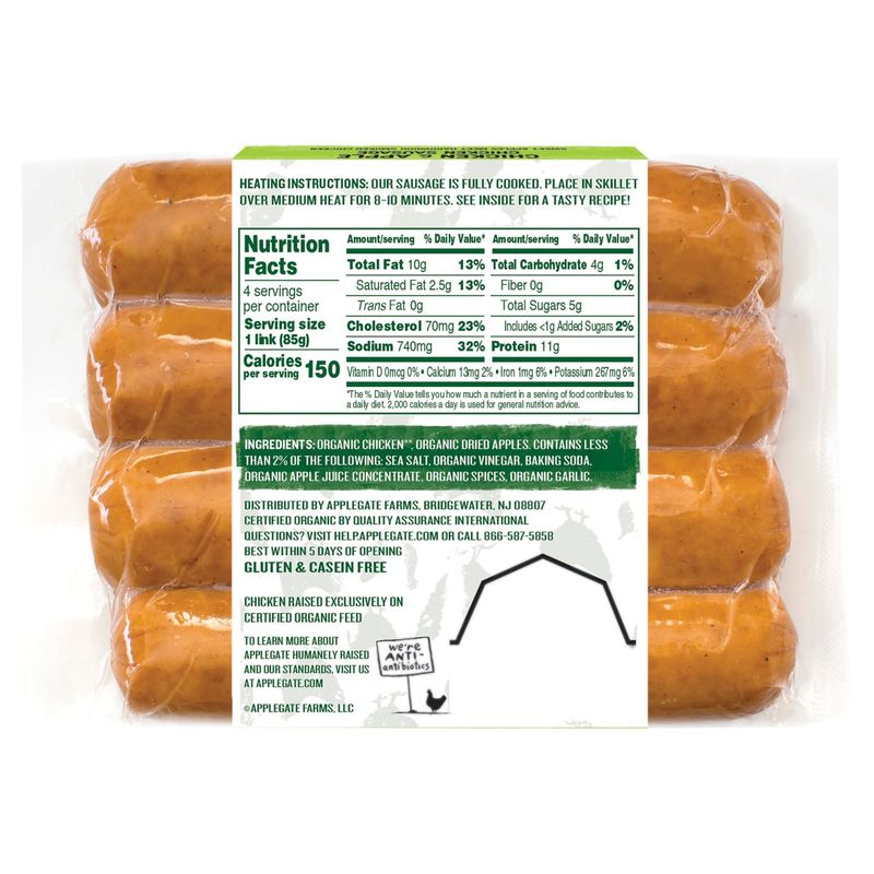 Applegate Organics Sweet Chicken &amp; Apple Chicken Sausage, 4 count, 12 oz