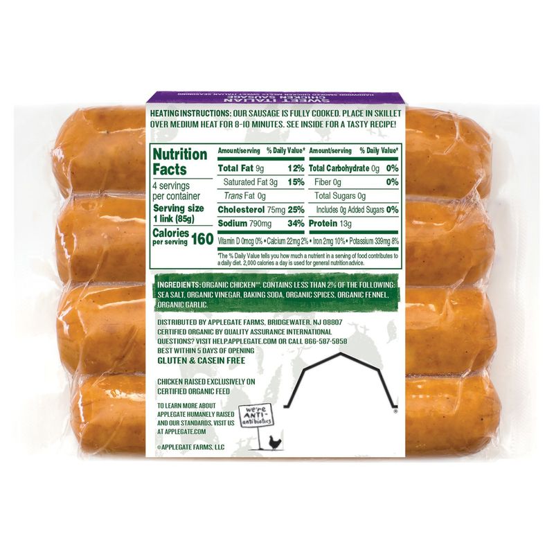 APPLEGATE ORGANICS Mild Sweet Italian Chicken Sausage, 4 count, 12 oz