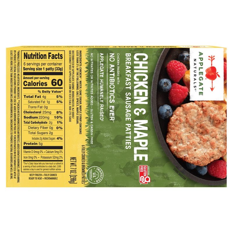 Applegate Naturals Chicken &amp; Maple Breakfast Sausage Patties, 6 count, 7 oz