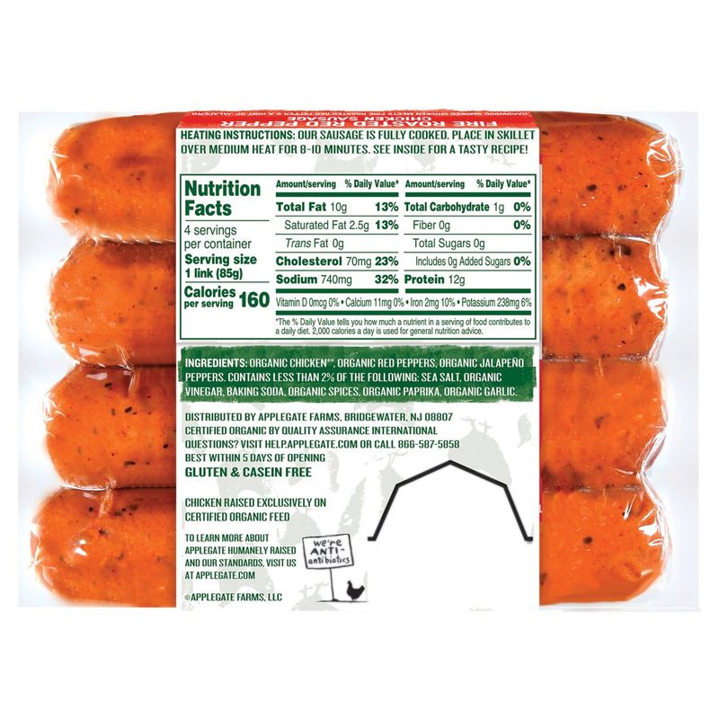 APPLEGATE Organics Medium Fire Roasted Red Pepper Chicken Sausage, 4 count, 12 oz